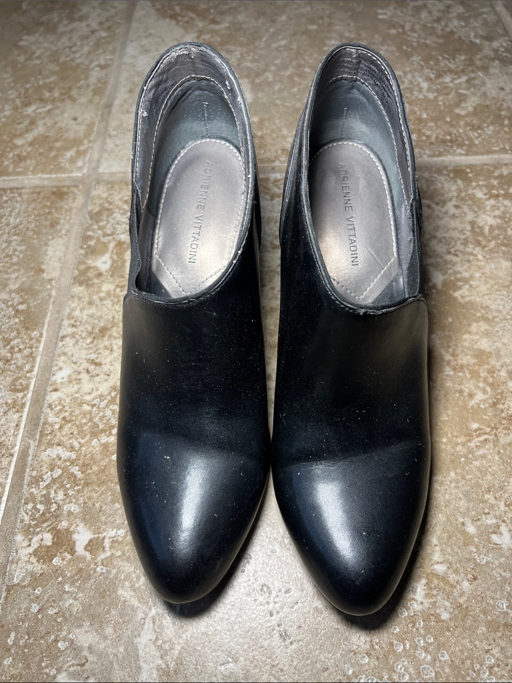 Adrienne Vittadini Black Leather Pointed Toe Slip-On Heels